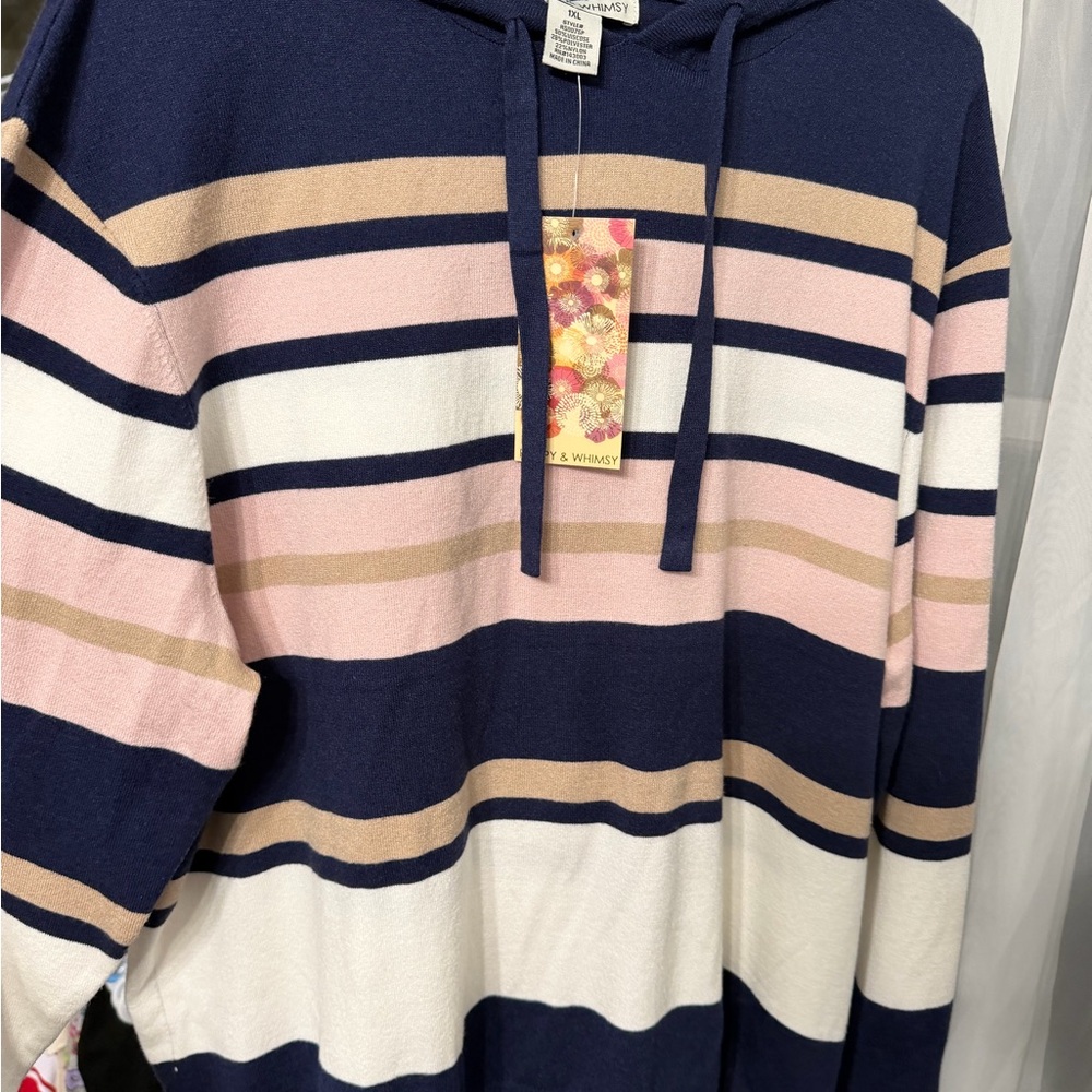 Stylish Striped Sweater in Navy, Pink, and Tan